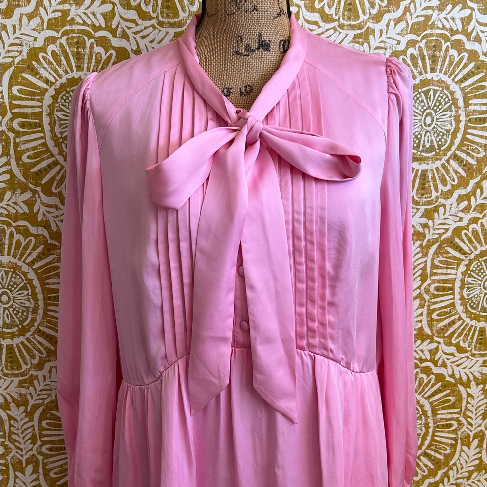 Self-Portrait Satin Viscose Puff-Sleeve Bow-Neck Mini Dress Bubblegum Pink Sz 8 - Picture 9 of 16